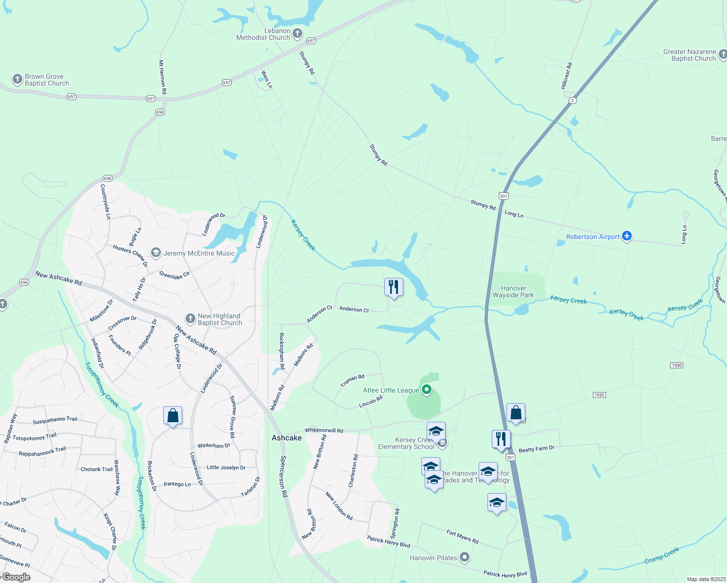 map of restaurants, bars, coffee shops, grocery stores, and more near 8486 Anderson Court in Mechanicsville