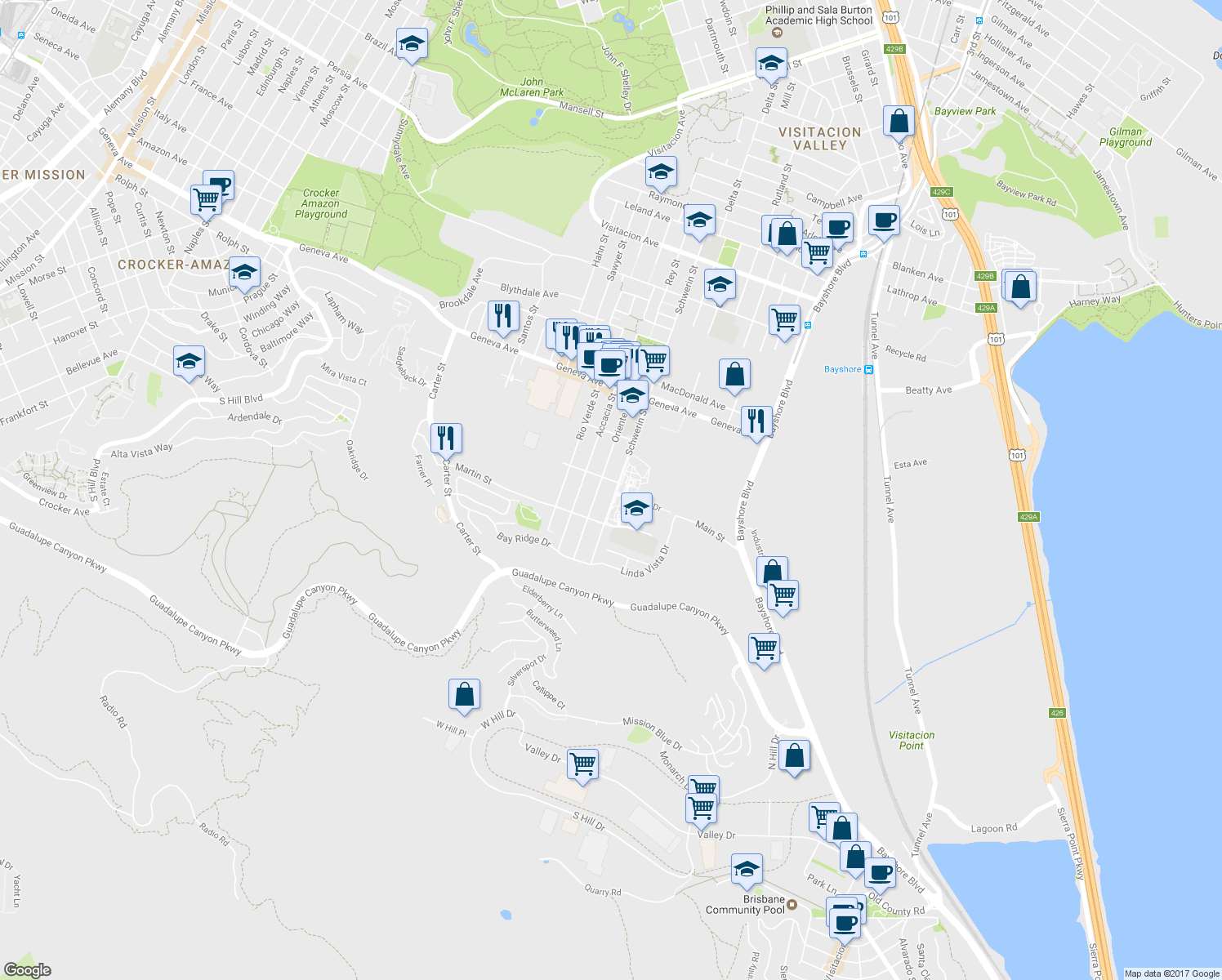 map of restaurants, bars, coffee shops, grocery stores, and more near 916 Schwerin Street in Daly City