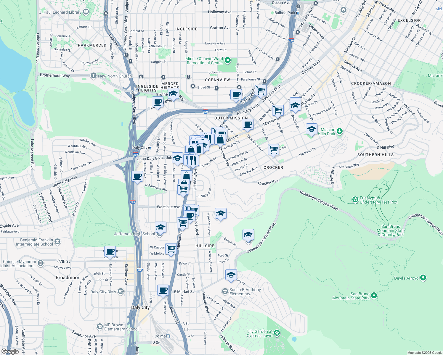 map of restaurants, bars, coffee shops, grocery stores, and more near 895 Bellevue Avenue in Daly City
