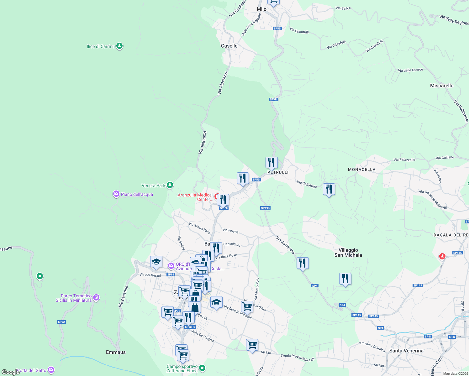 map of restaurants, bars, coffee shops, grocery stores, and more near 5 Via Pavone in Zafferana Etnea