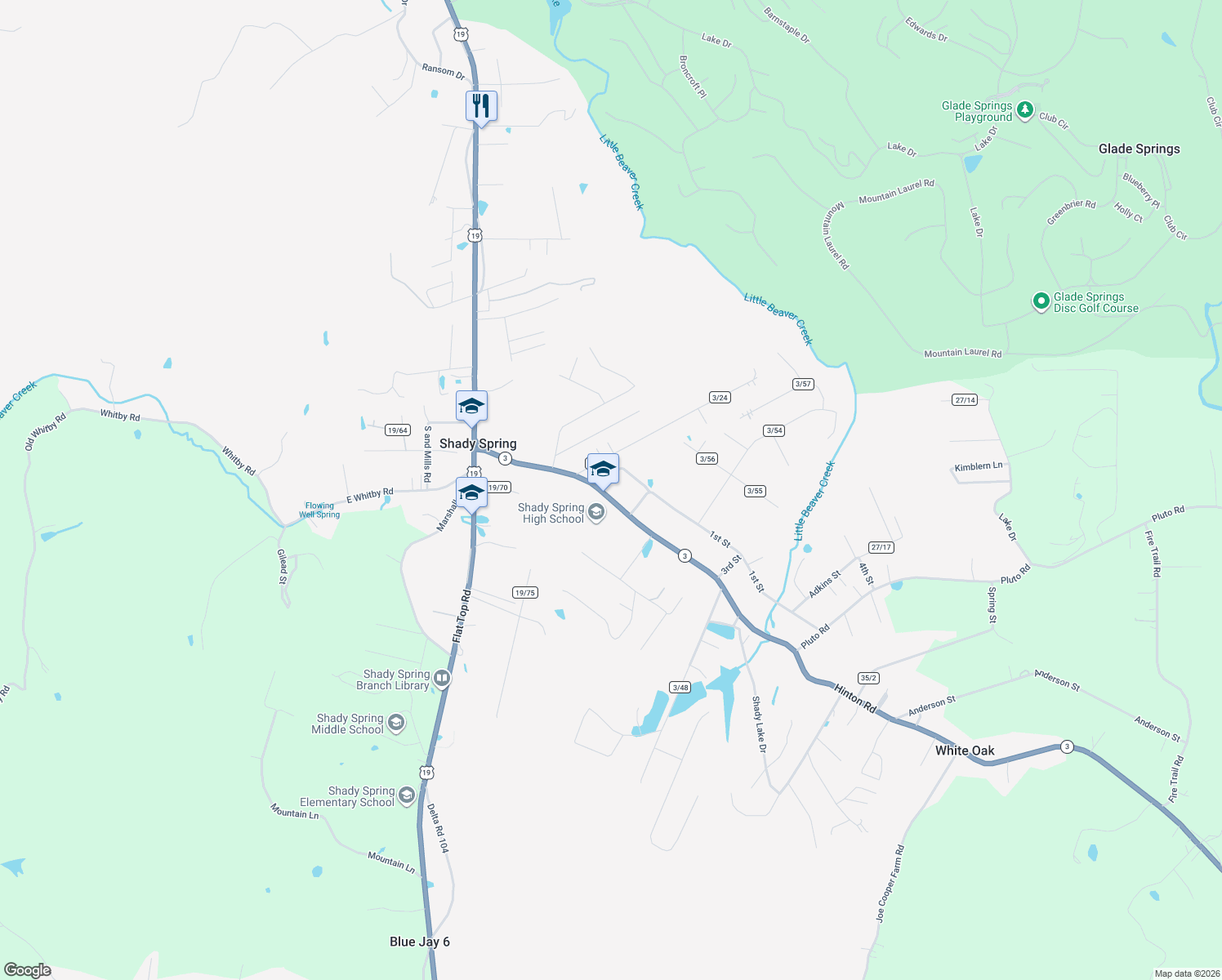 map of restaurants, bars, coffee shops, grocery stores, and more near 309 Hinton Rd in Shady Spring