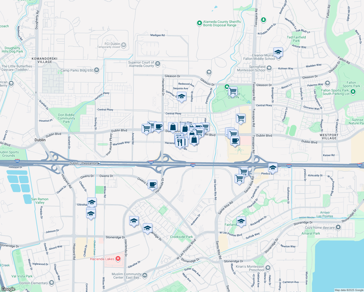 map of restaurants, bars, coffee shops, grocery stores, and more near Hacienda Crossings in Dublin