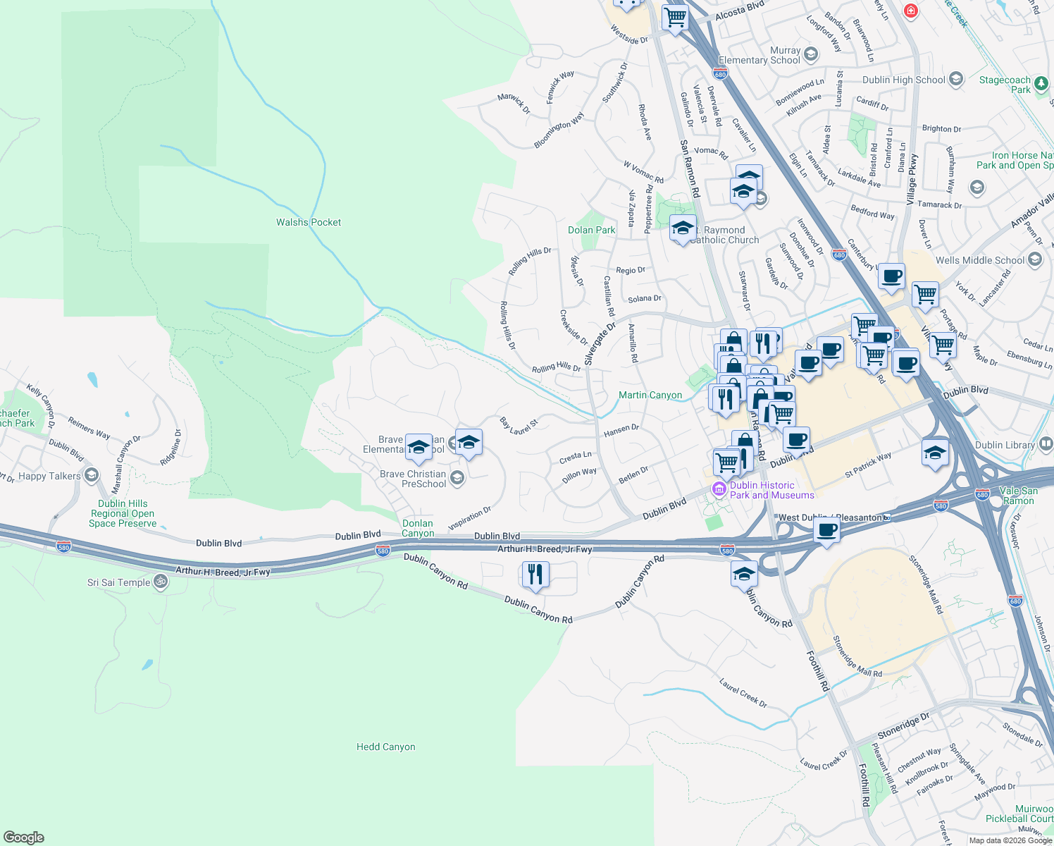map of restaurants, bars, coffee shops, grocery stores, and more near 11324 Bay Laurel Street in Dublin