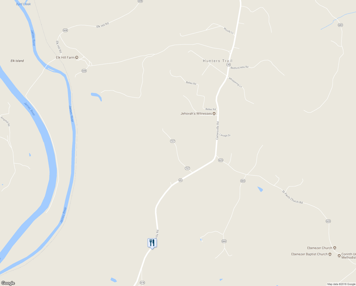 map of restaurants, bars, coffee shops, grocery stores, and more near 5440 Hackney Road in Goochland