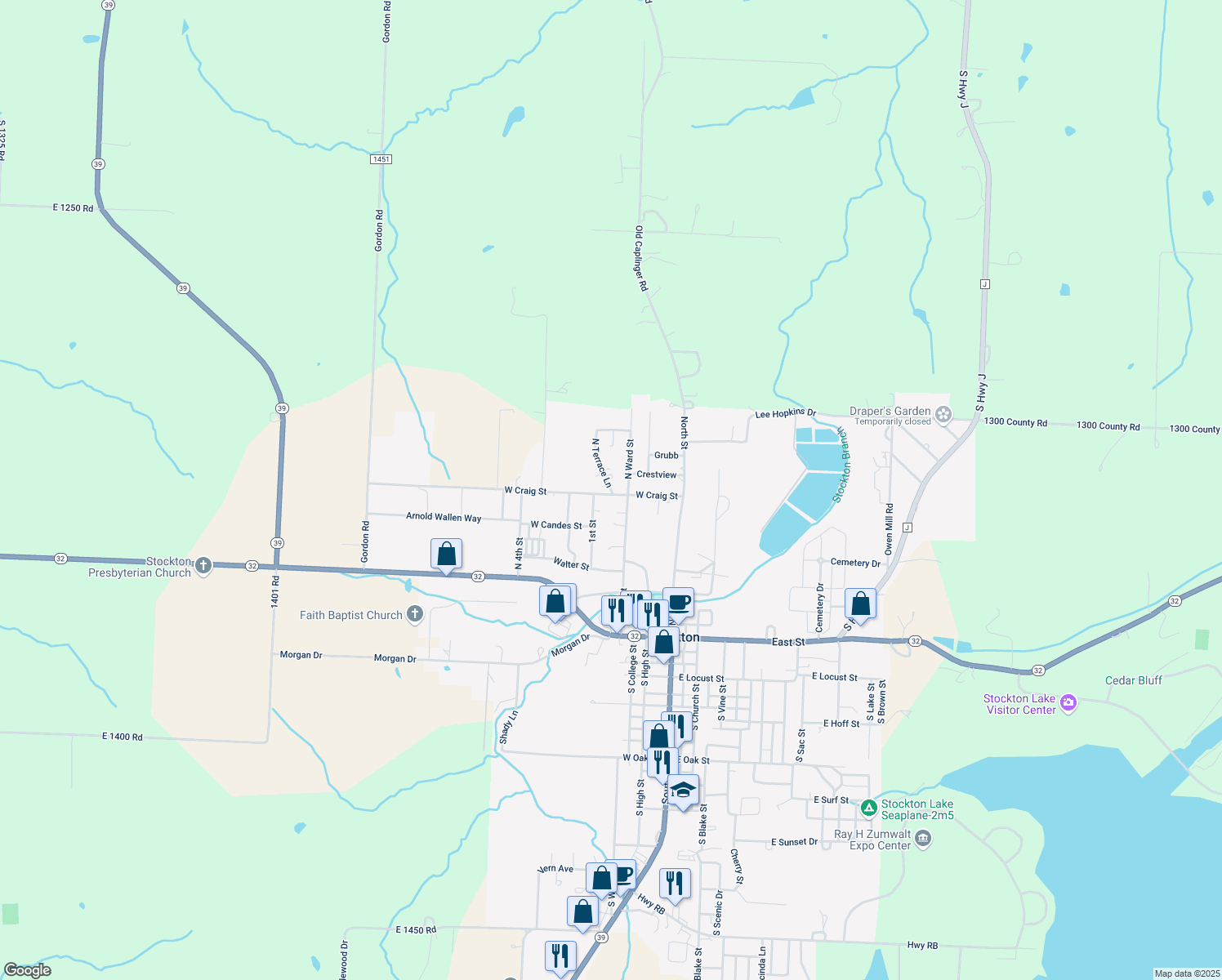 map of restaurants, bars, coffee shops, grocery stores, and more near 616 N Terrace Ln in Stockton