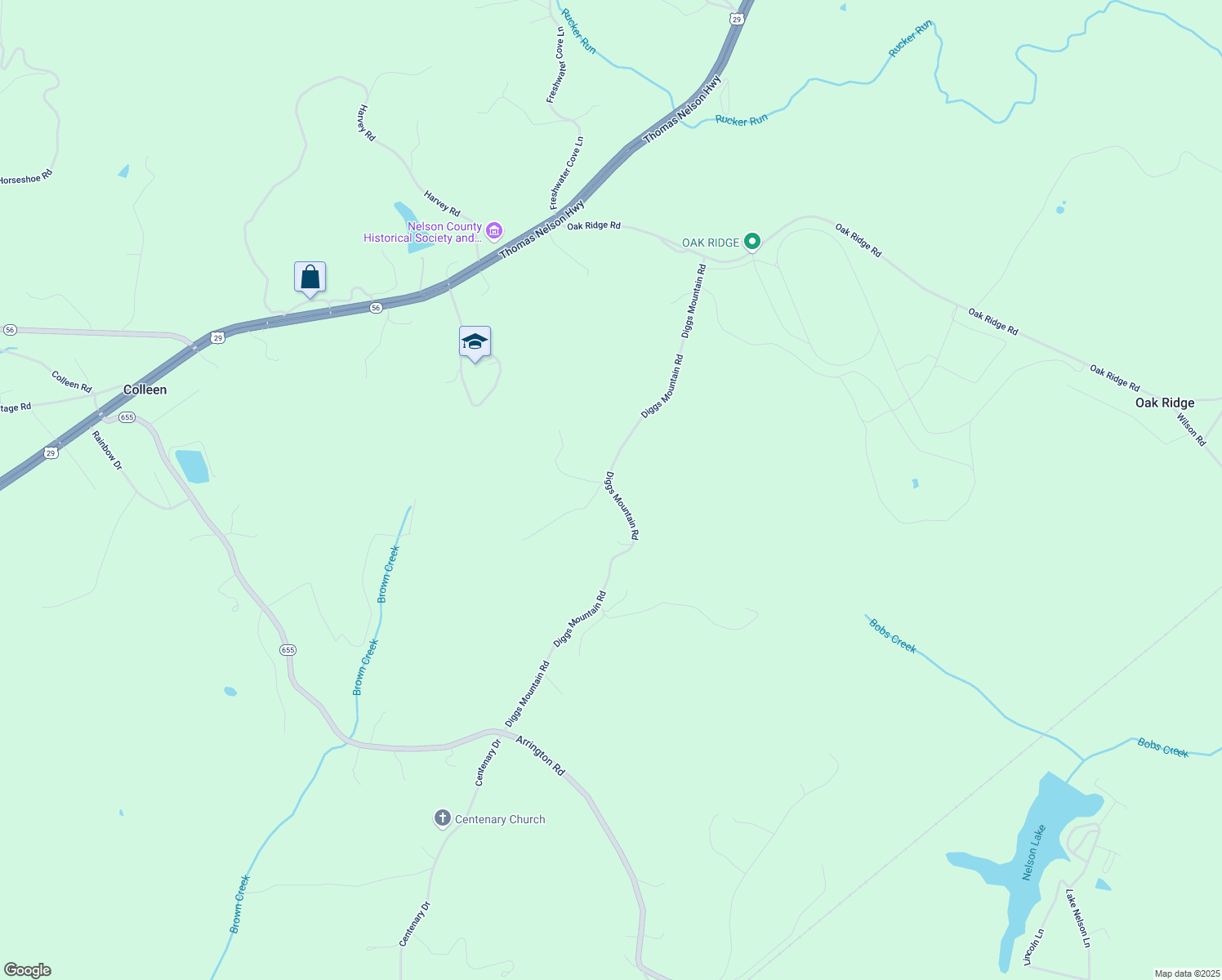 map of restaurants, bars, coffee shops, grocery stores, and more near Diggs Mountain Road in Nelson County