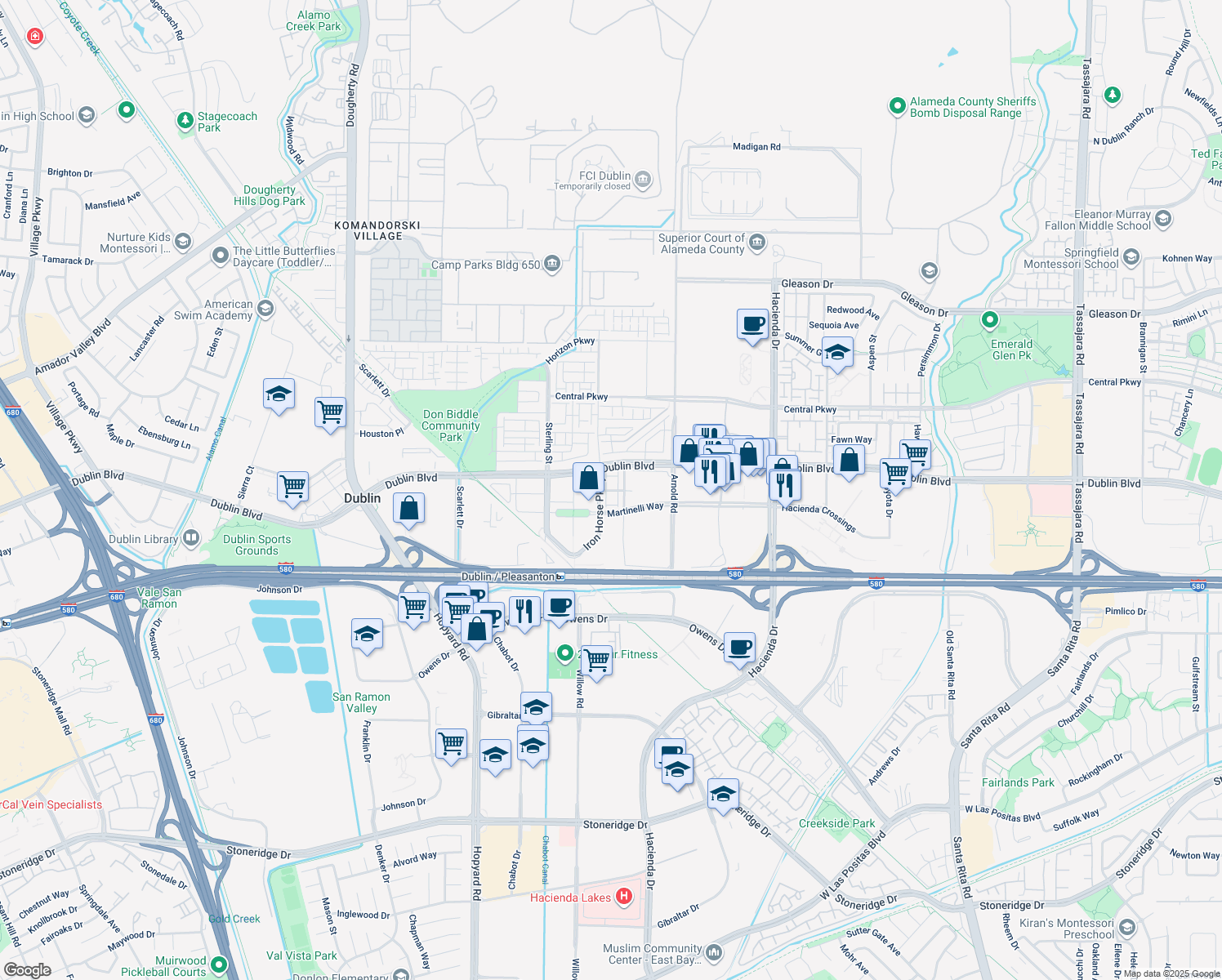 map of restaurants, bars, coffee shops, grocery stores, and more near 5530 Esprit Way in Dublin