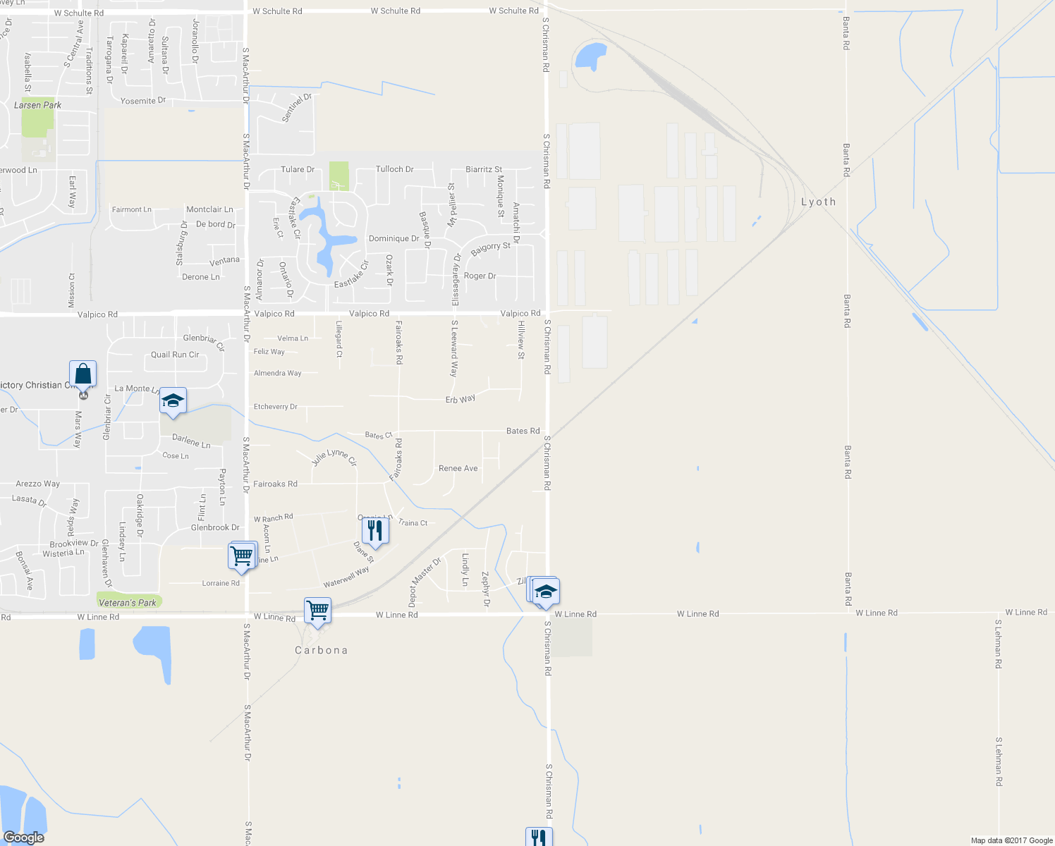 map of restaurants, bars, coffee shops, grocery stores, and more near 7583 Bates Road in Tracy