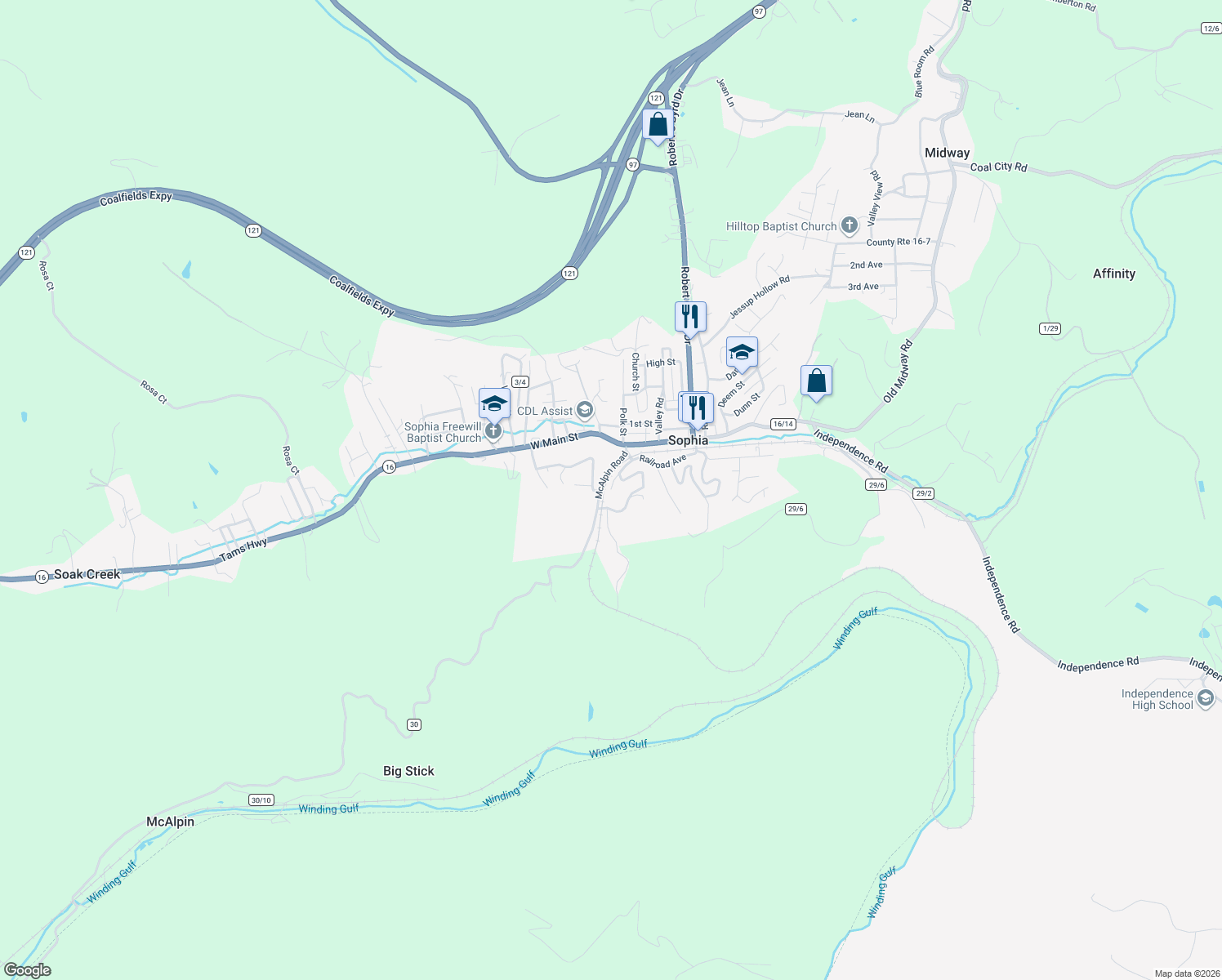 map of restaurants, bars, coffee shops, grocery stores, and more near 126 Railroad Ave in MacArthur
