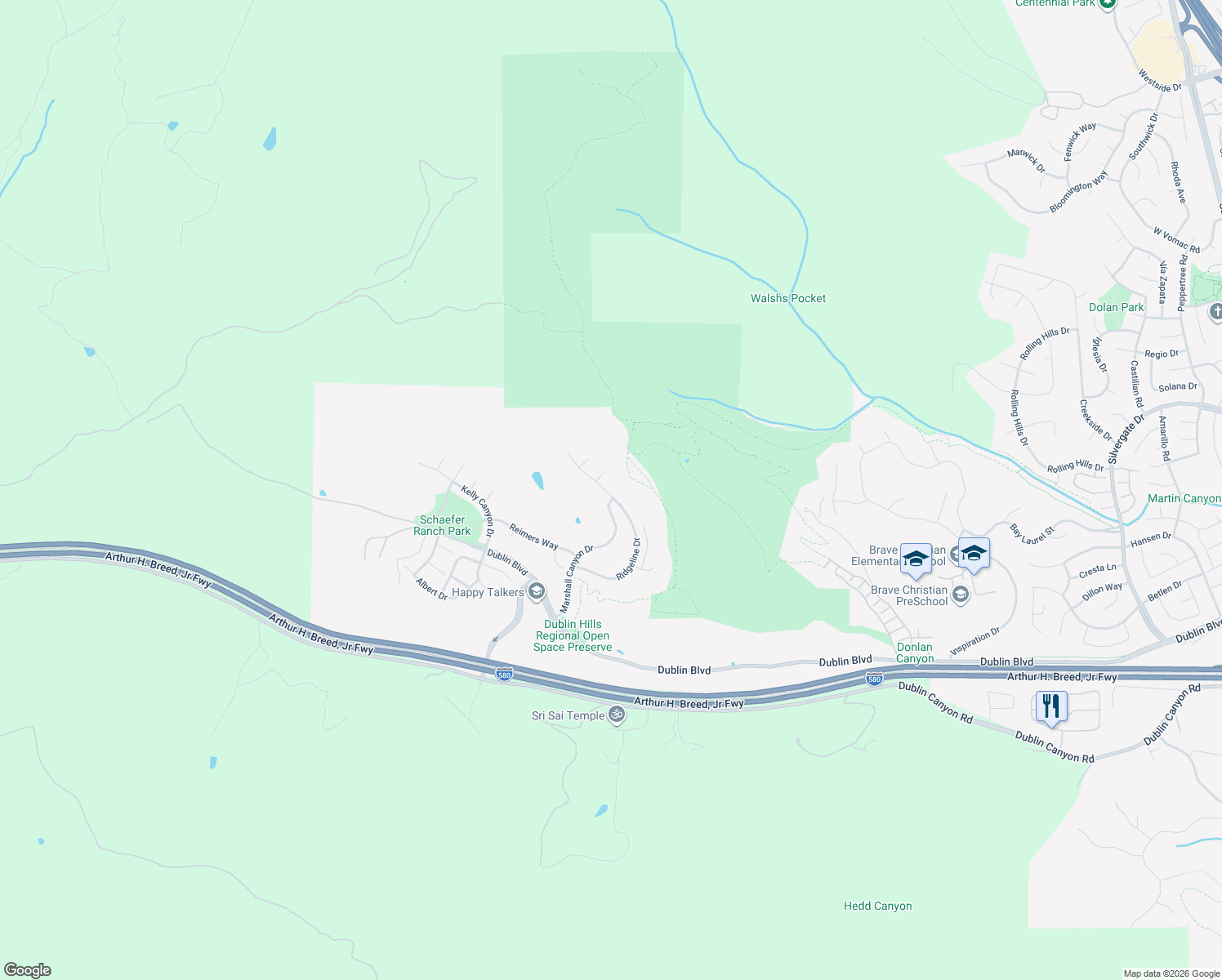 map of restaurants, bars, coffee shops, grocery stores, and more near 7829 Ridgeline Place in Dublin