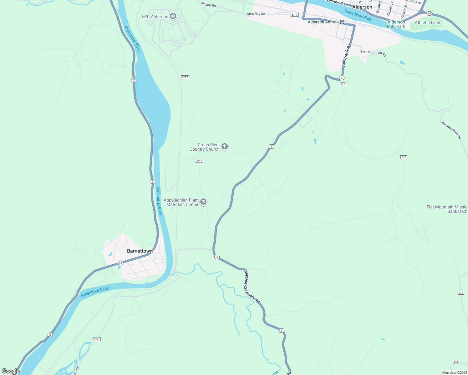 map of restaurants, bars, coffee shops, grocery stores, and more near 9233 Wolf Creek Road in Alderson