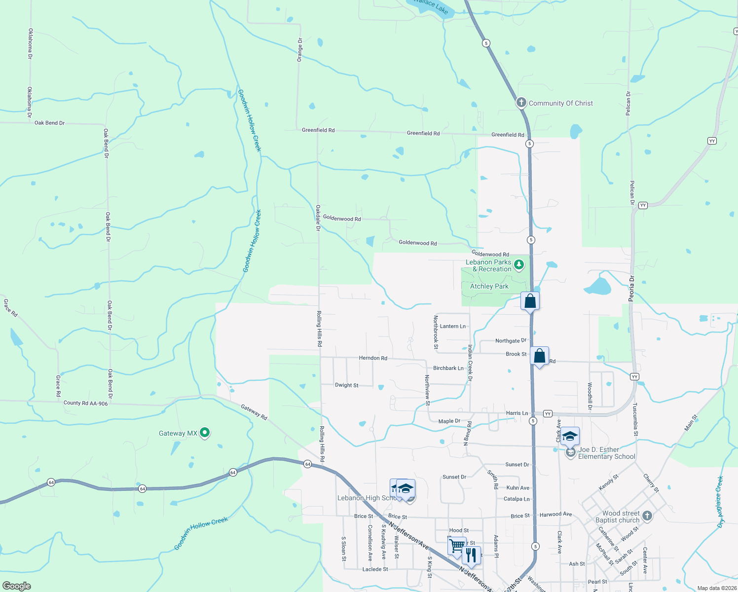 map of restaurants, bars, coffee shops, grocery stores, and more near 1712 Honeysuckle Circle in Lebanon