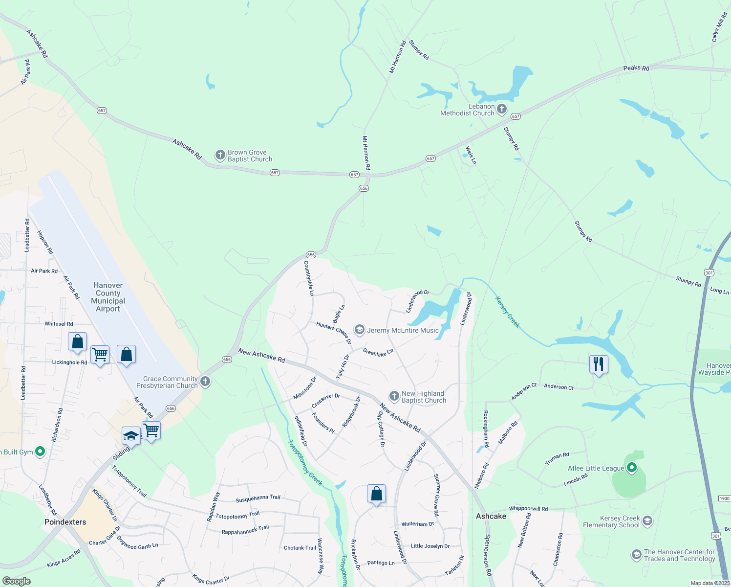 map of restaurants, bars, coffee shops, grocery stores, and more near 9399 Roseland Court in Mechanicsville