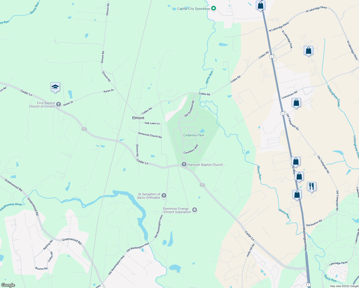 map of restaurants, bars, coffee shops, grocery stores, and more near 11498 New Town Court in Glen Allen