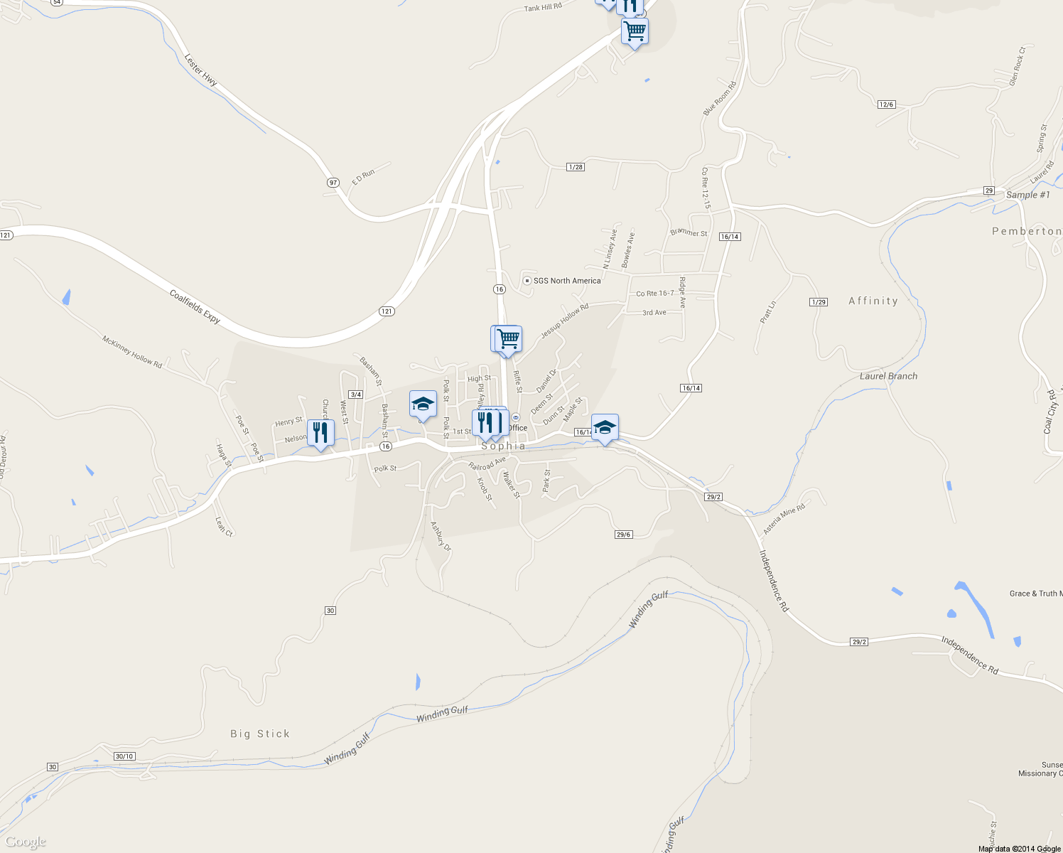 map of restaurants, bars, coffee shops, grocery stores, and more near 119 Deem St in Sophia