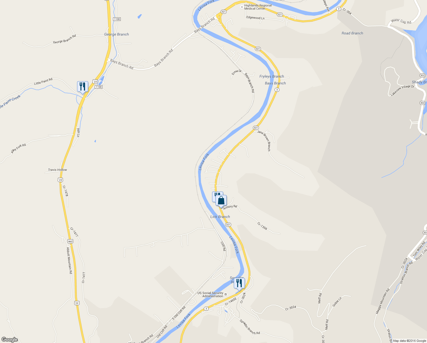 map of restaurants, bars, coffee shops, grocery stores, and more near Branham Village in Prestonsburg