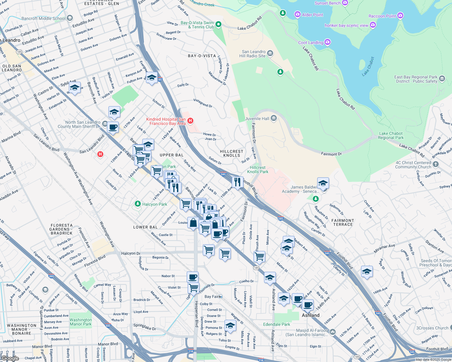 map of restaurants, bars, coffee shops, grocery stores, and more near 14950 Portofino Circle in San Leandro