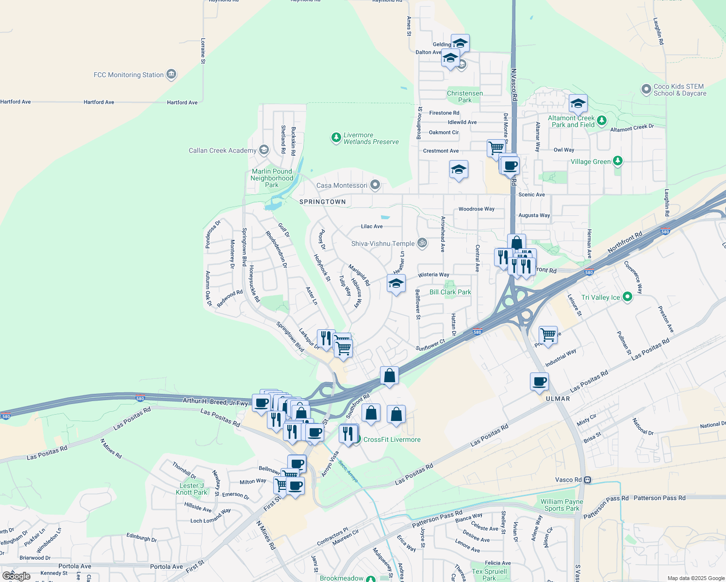 map of restaurants, bars, coffee shops, grocery stores, and more near 1241 Hibiscus Way in Livermore