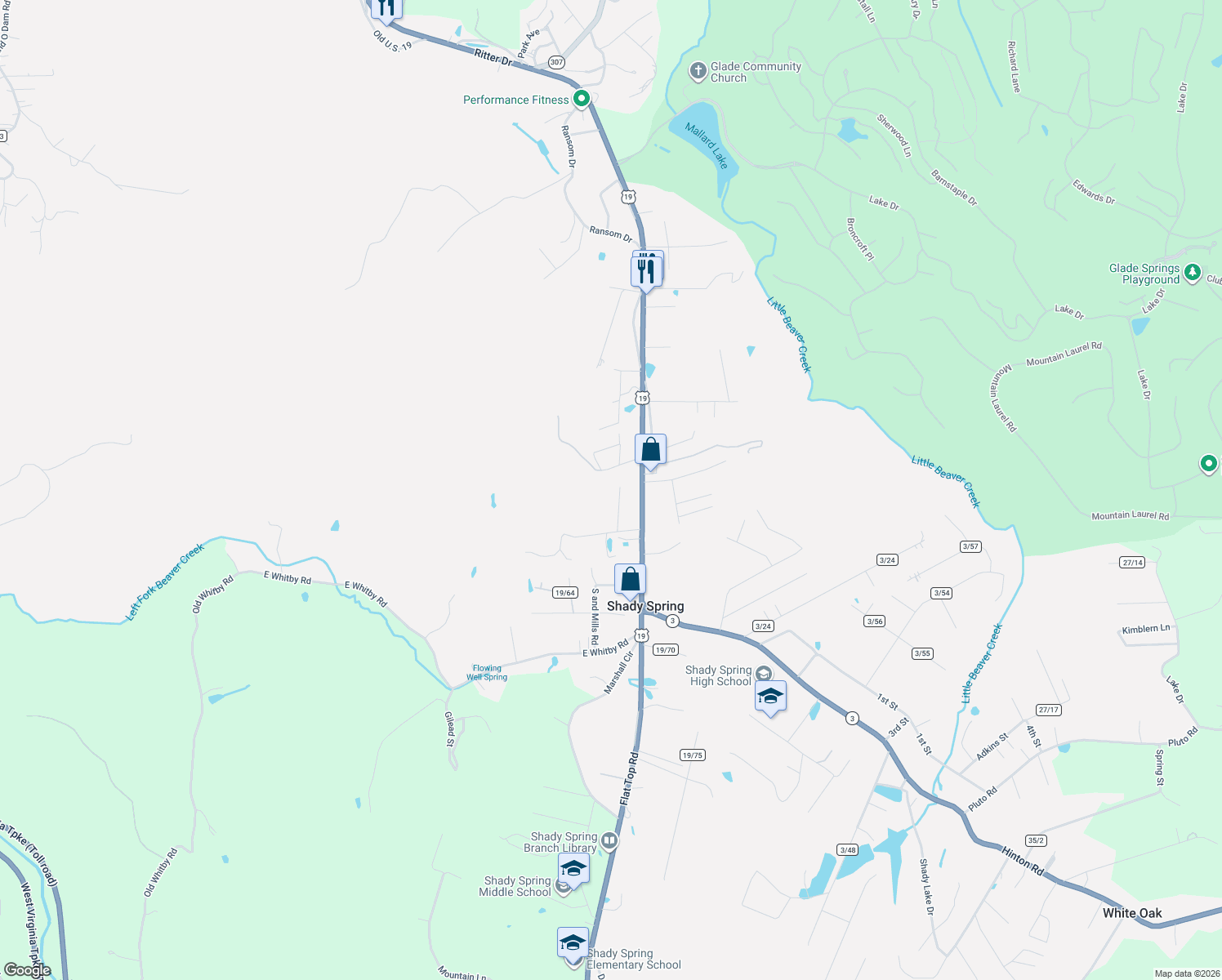 map of restaurants, bars, coffee shops, grocery stores, and more near 155 Trail Street in Shady Spring