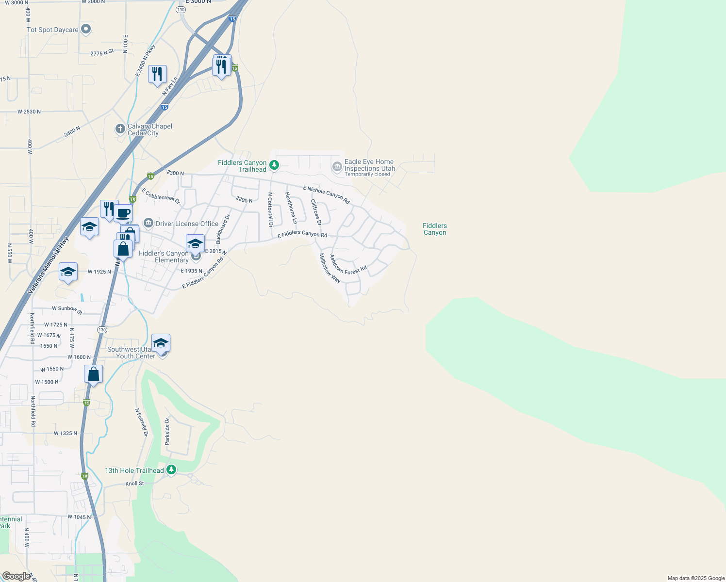 map of restaurants, bars, coffee shops, grocery stores, and more near 1866 North Matchstick Way in Cedar City