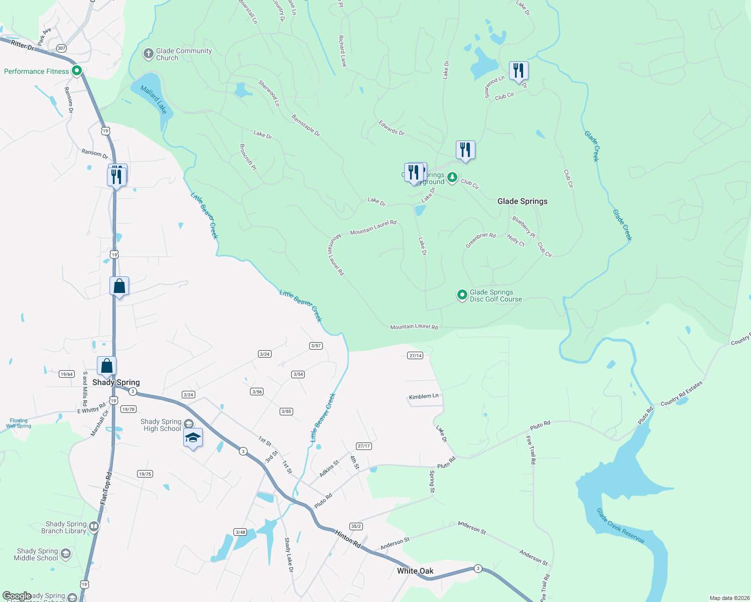 map of restaurants, bars, coffee shops, grocery stores, and more near 217 Mountain Laurel Rd in Daniels