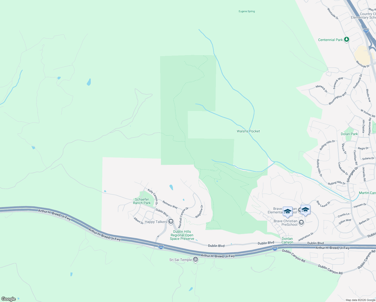 map of restaurants, bars, coffee shops, grocery stores, and more near Calaveras Ridge Regional Trail in Dublin