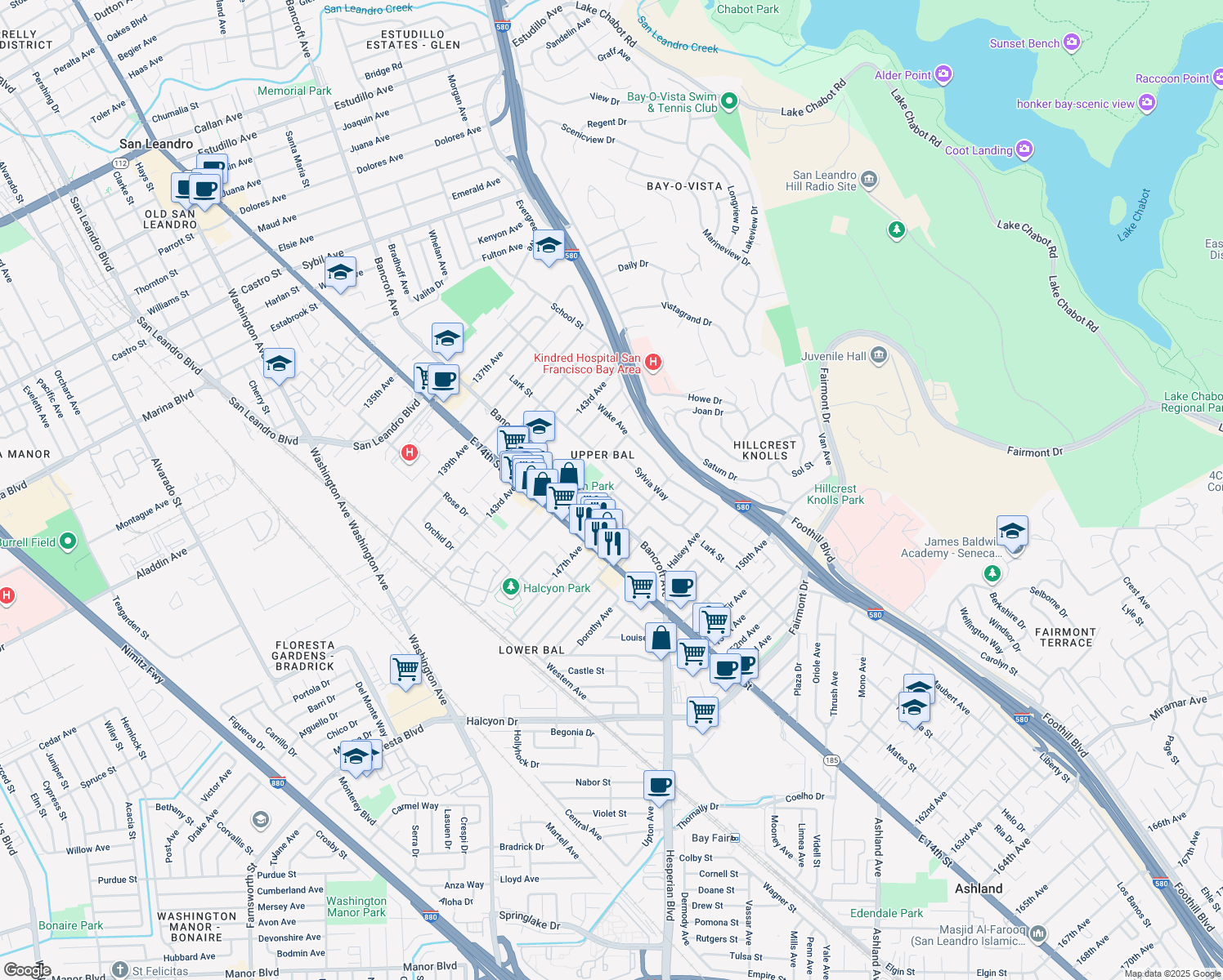 map of restaurants, bars, coffee shops, grocery stores, and more near 1565 146th Ave in San Leandro