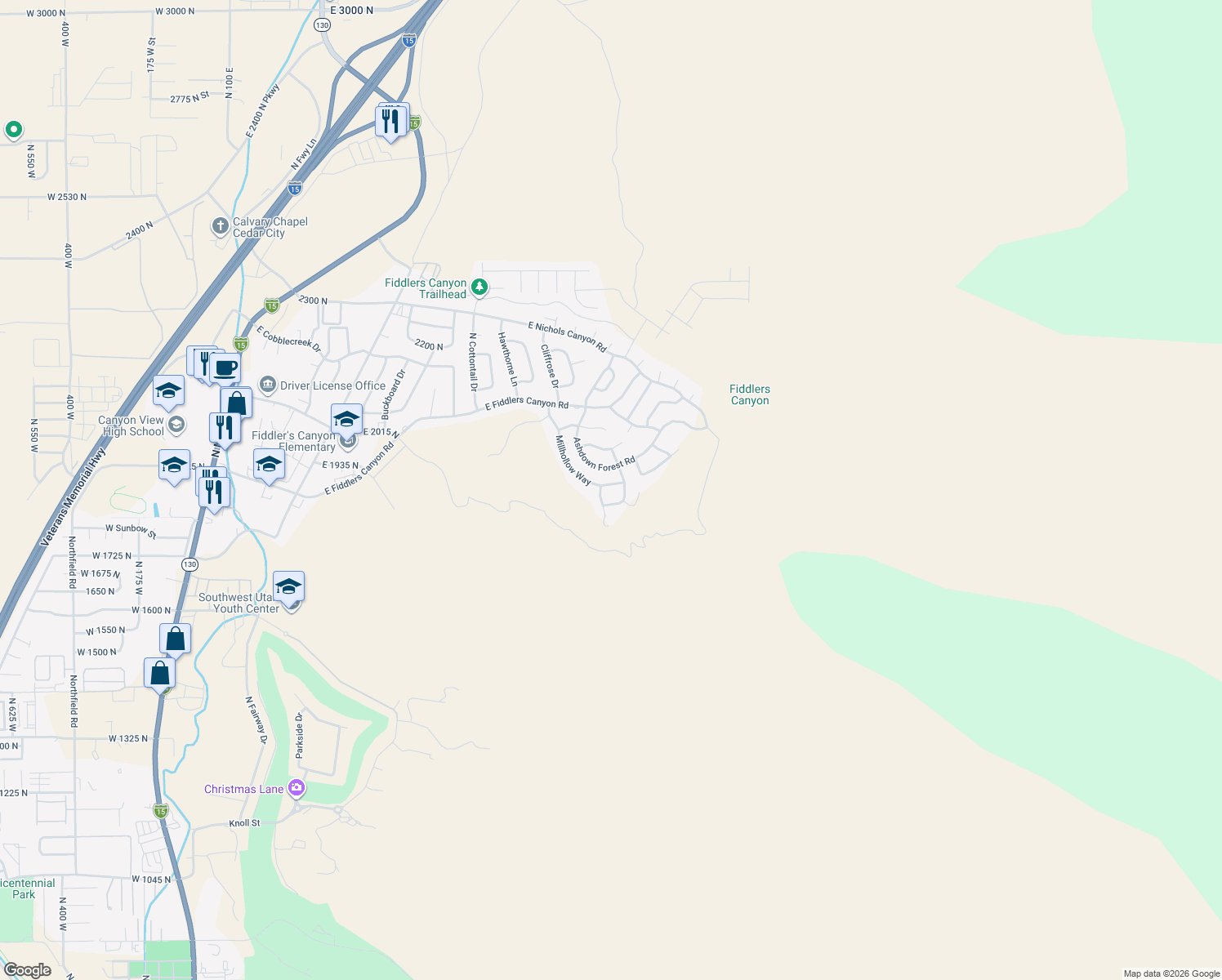map of restaurants, bars, coffee shops, grocery stores, and more near 1074 Millhollow Way in Cedar City