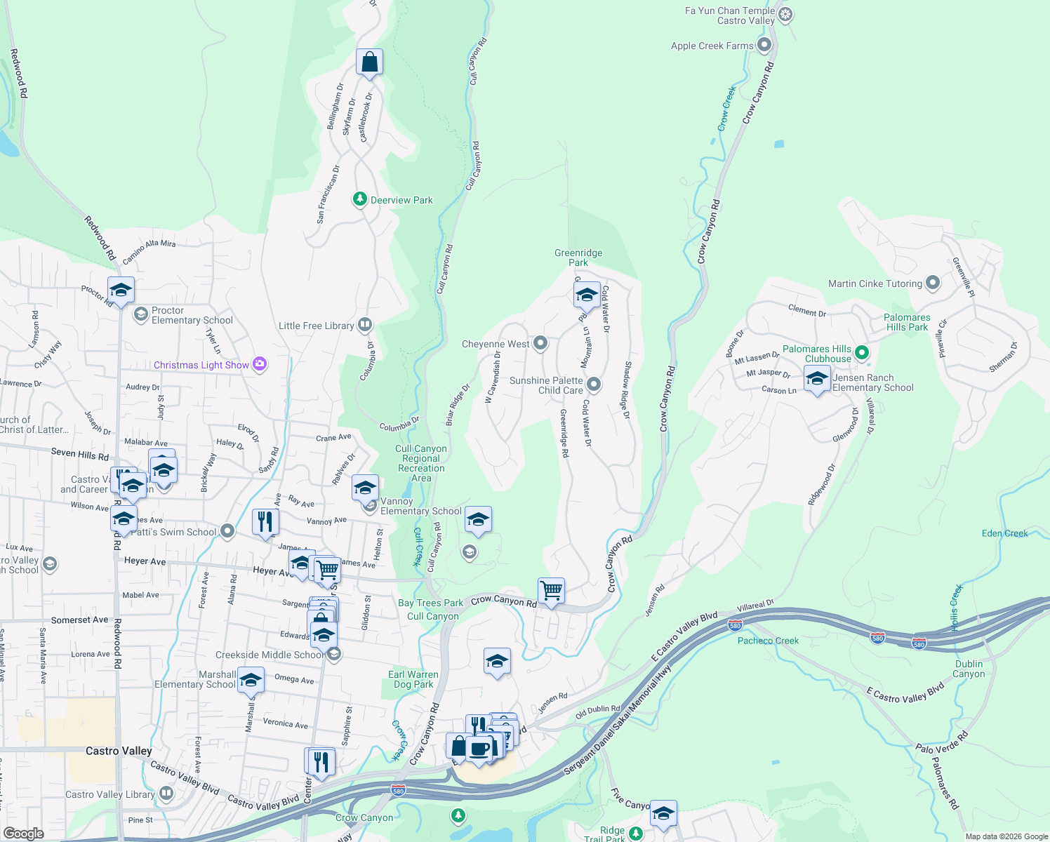 map of restaurants, bars, coffee shops, grocery stores, and more near 18756 East Cavendish Drive in Castro Valley