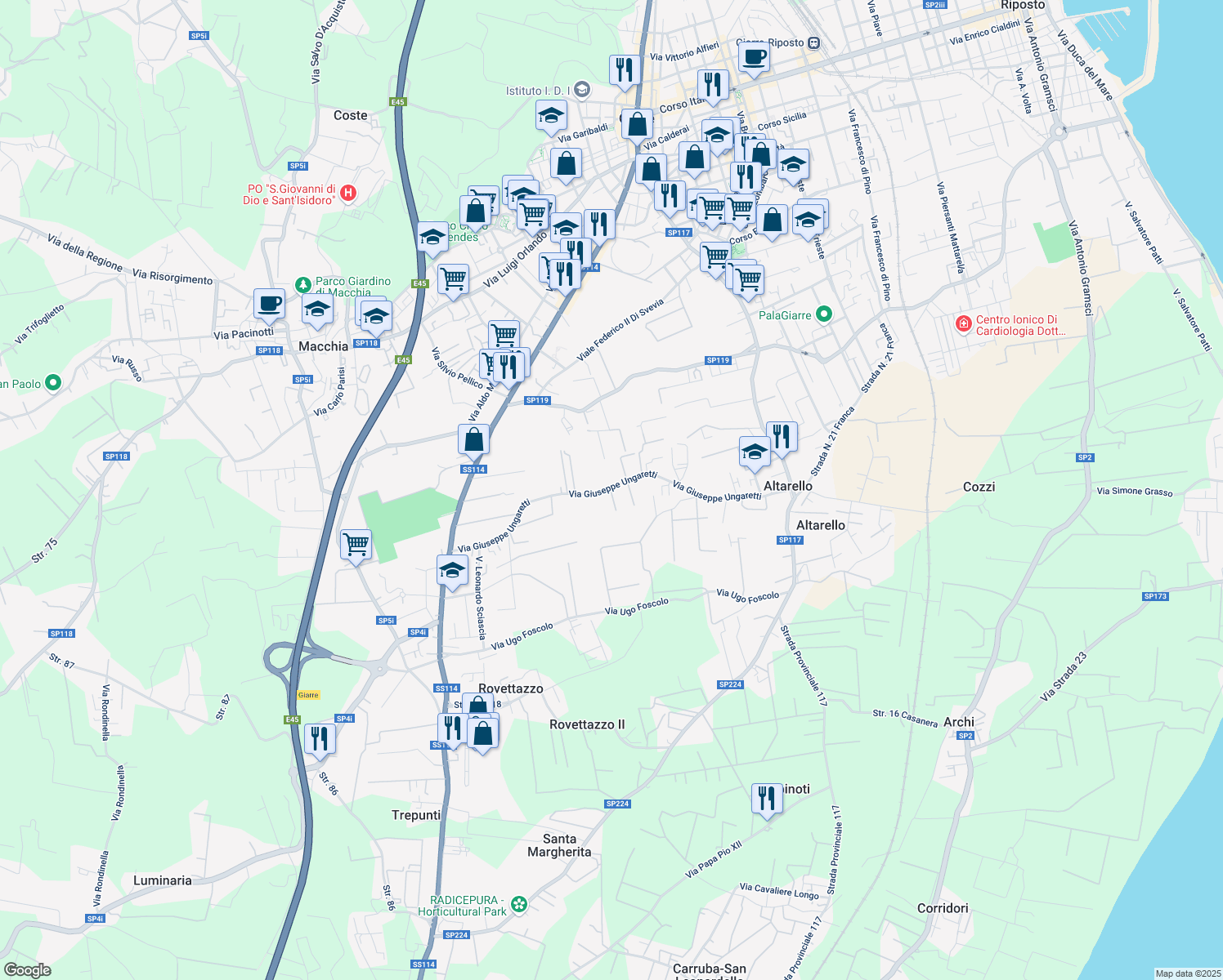 map of restaurants, bars, coffee shops, grocery stores, and more near 15 Via Giuseppe Ungaretti in Giarre