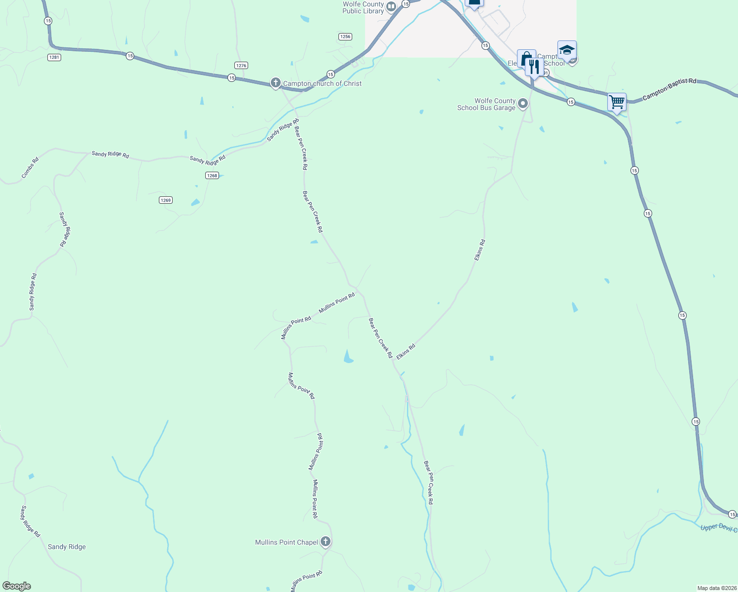 map of restaurants, bars, coffee shops, grocery stores, and more near Bear Pen Creek Road in Campton