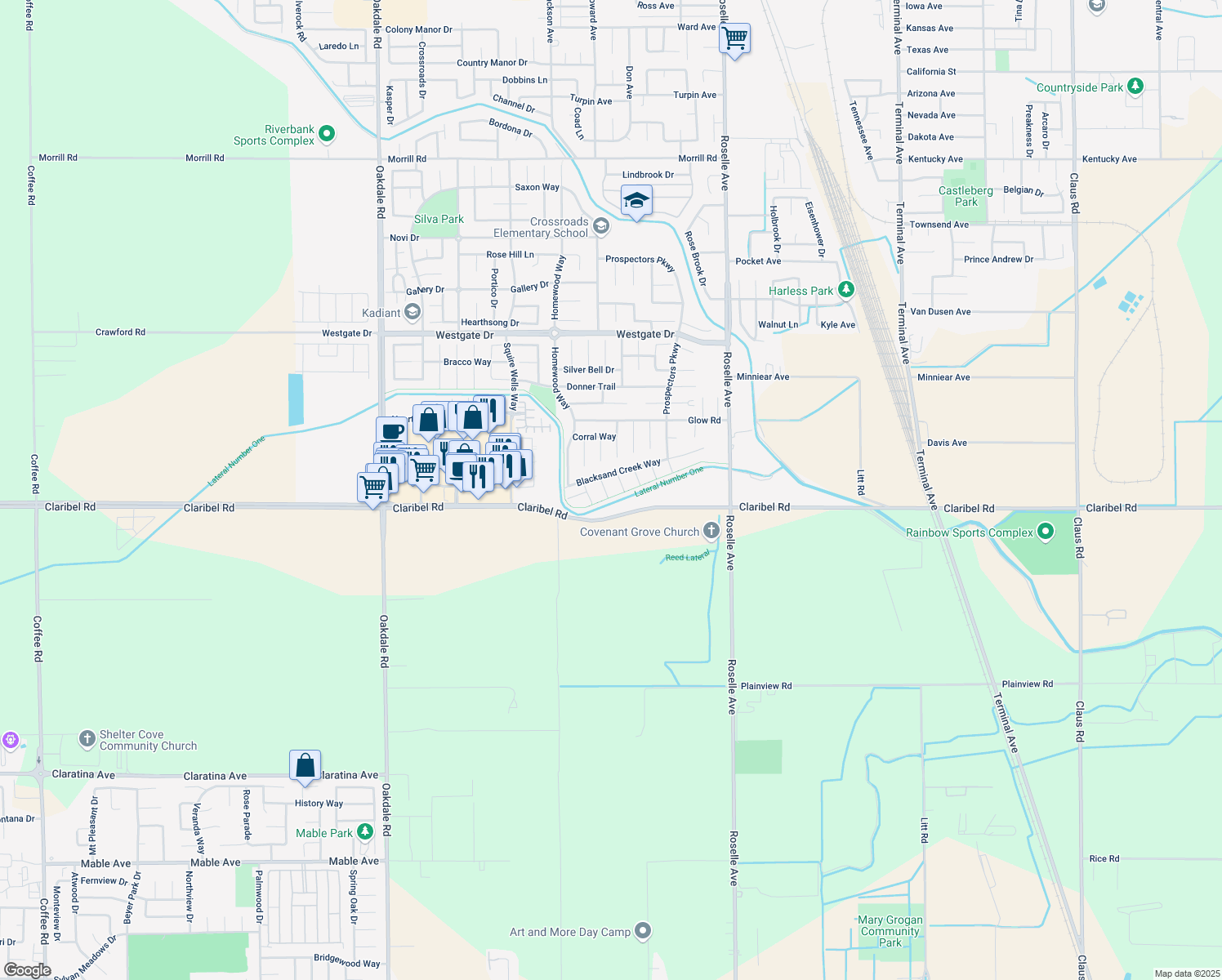 map of restaurants, bars, coffee shops, grocery stores, and more near 5016 Winding River Court in Riverbank