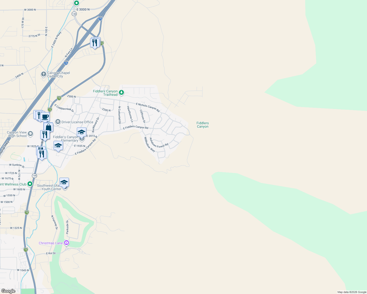 map of restaurants, bars, coffee shops, grocery stores, and more near 1960 North Mahogany Circle in Cedar City