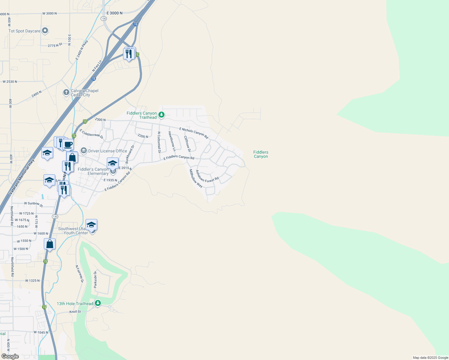 map of restaurants, bars, coffee shops, grocery stores, and more near 1931 North Mahogany Circle in Cedar City
