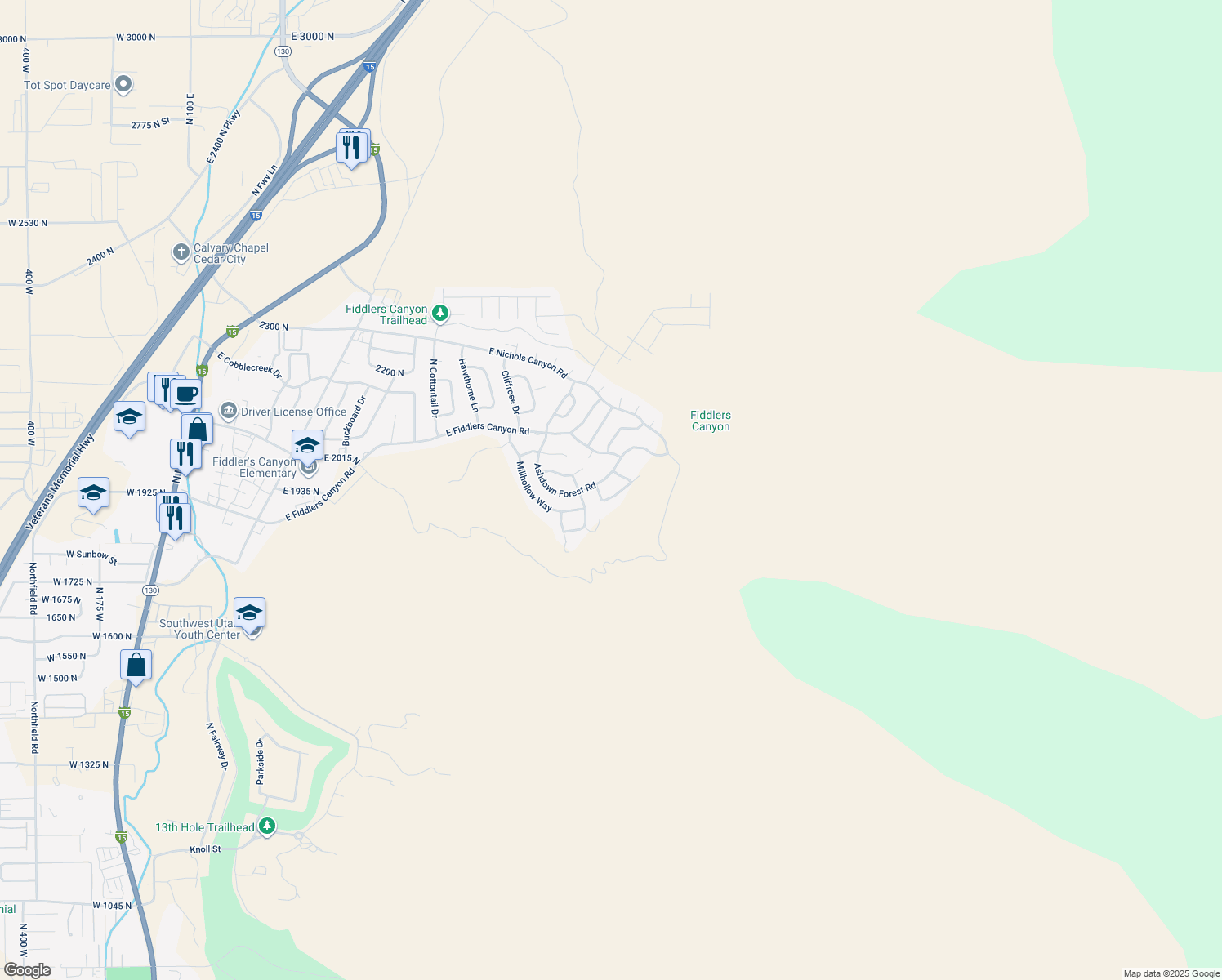 map of restaurants, bars, coffee shops, grocery stores, and more near 1931 North Mahogany Circle in Cedar City