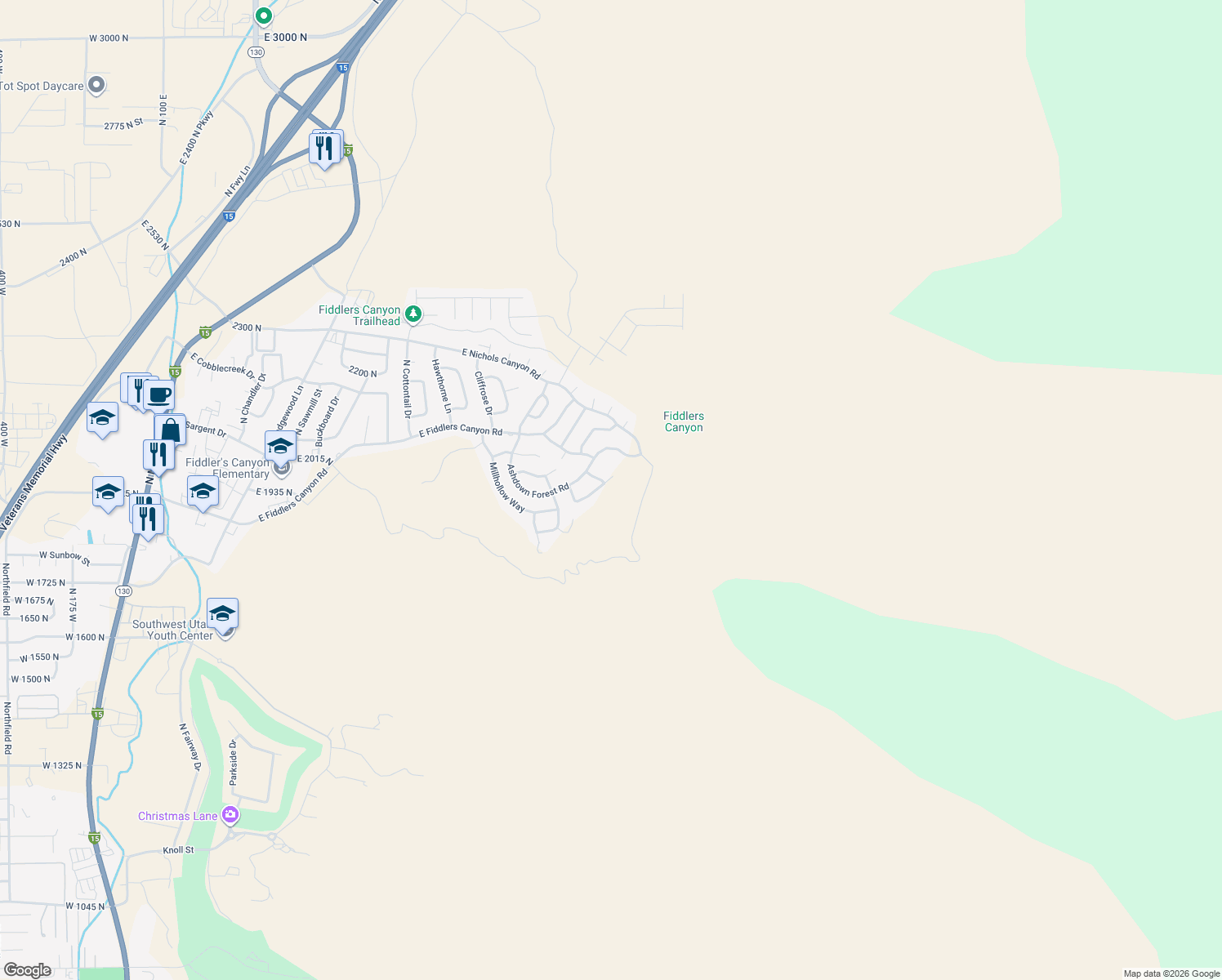 map of restaurants, bars, coffee shops, grocery stores, and more near 1960 North Mahogany Circle in Cedar City