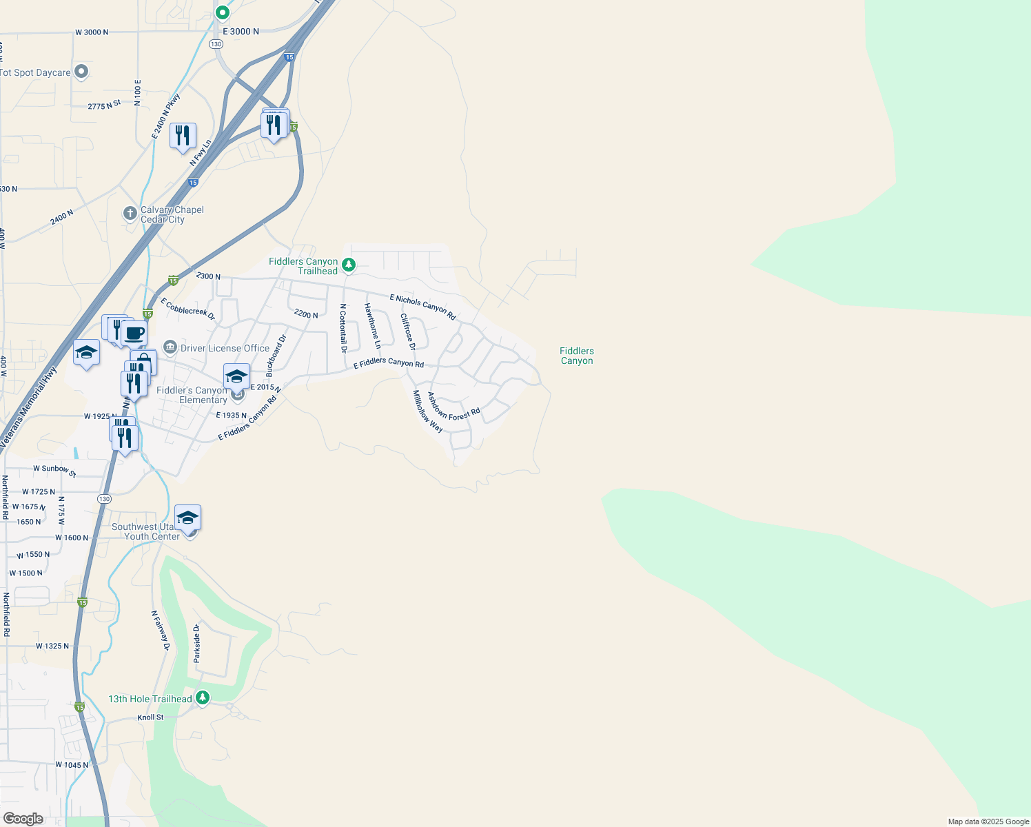 map of restaurants, bars, coffee shops, grocery stores, and more near 1960 North Mahogany Circle in Cedar City