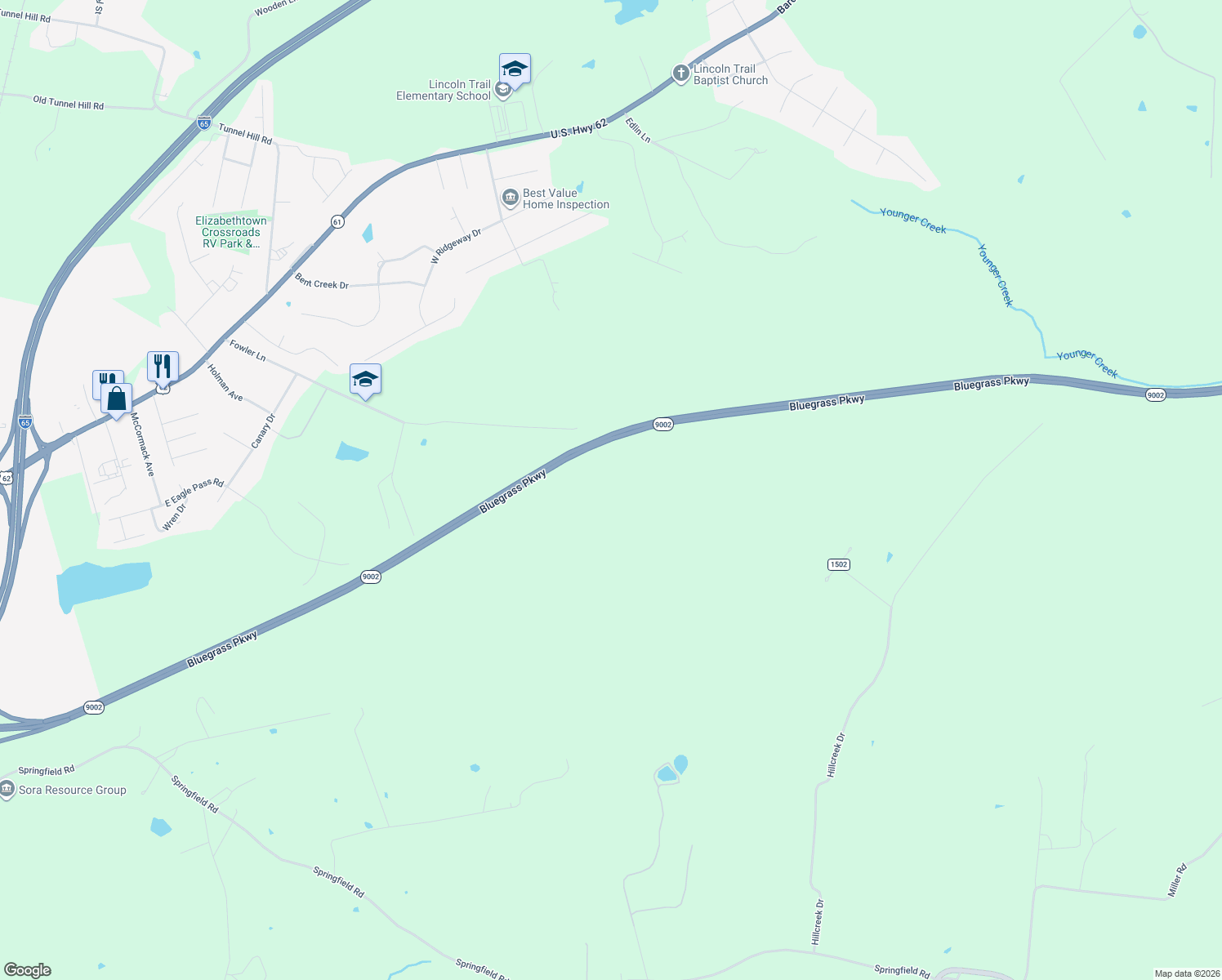 map of restaurants, bars, coffee shops, grocery stores, and more near Bluegrass Parkway in Elizabethtown