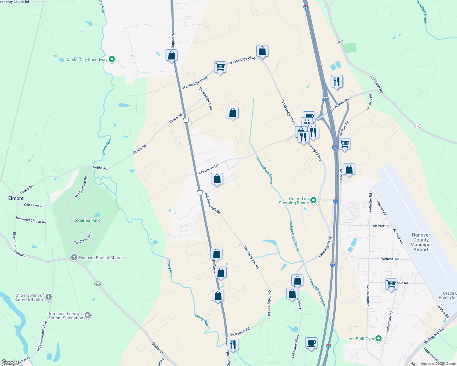 map of restaurants, bars, coffee shops, grocery stores, and more near 11284 Old Telegraph Road in Ashland