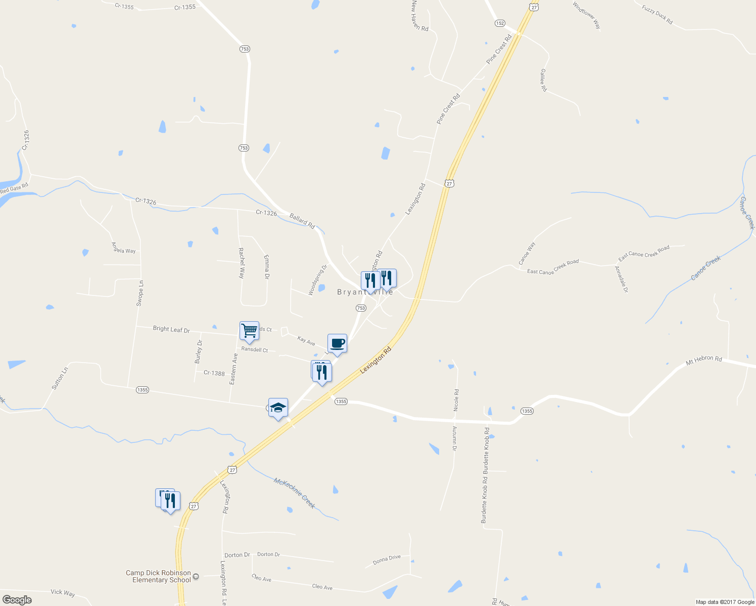 map of restaurants, bars, coffee shops, grocery stores, and more near in Bryantsville