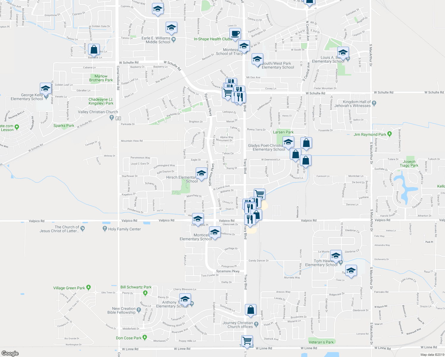 map of restaurants, bars, coffee shops, grocery stores, and more near 2157 Cedrus Drive in Tracy