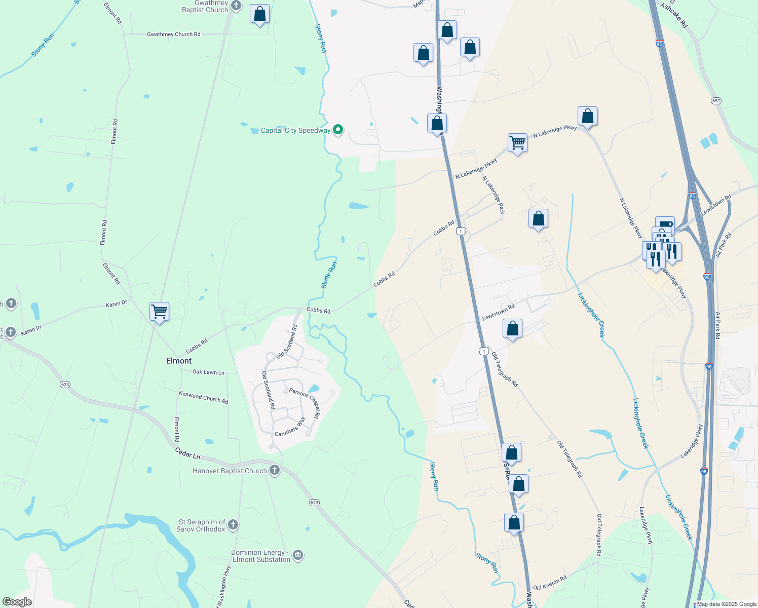 map of restaurants, bars, coffee shops, grocery stores, and more near 11073 Cobbs Road in Glen Allen