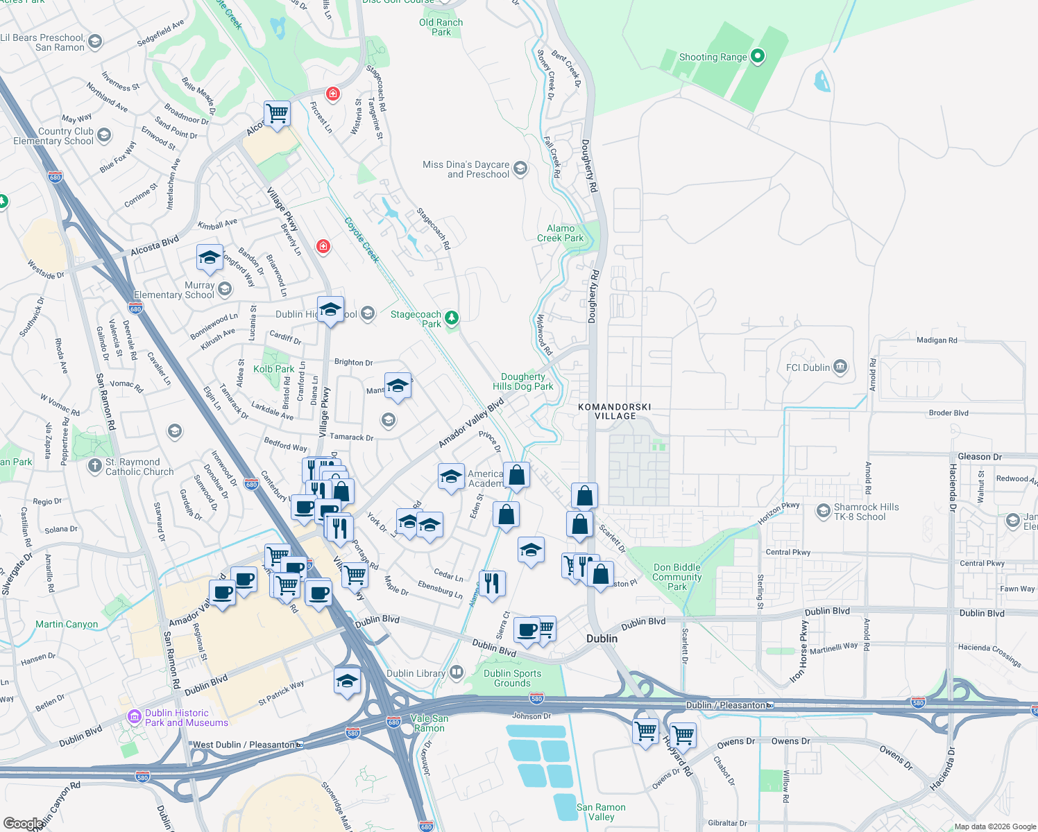 map of restaurants, bars, coffee shops, grocery stores, and more near 6967 Stagecoach Drive in Dublin
