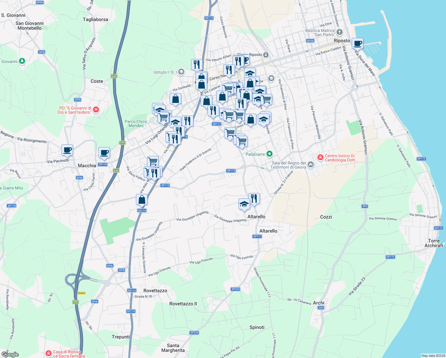 map of restaurants, bars, coffee shops, grocery stores, and more near 7 Via Ercole Patti in Giarre
