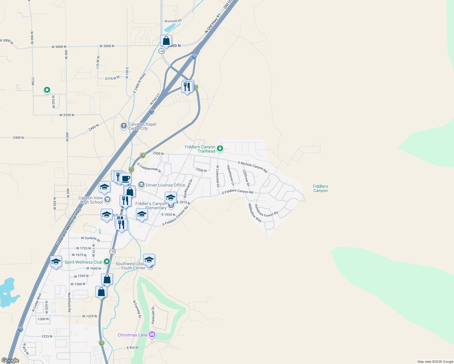 map of restaurants, bars, coffee shops, grocery stores, and more near 2130 N Bandtail Cir in Cedar City