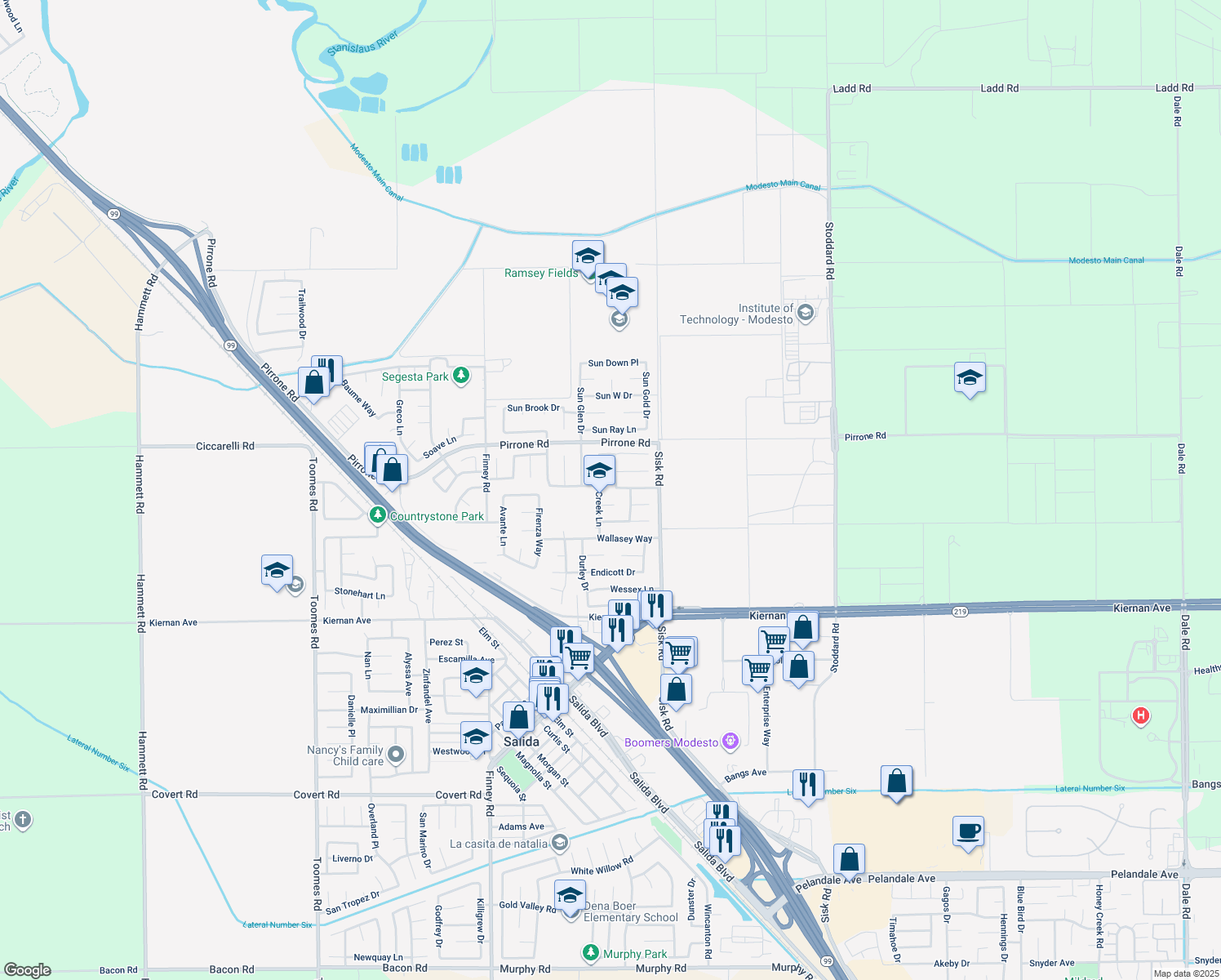 map of restaurants, bars, coffee shops, grocery stores, and more near 5301 Brimfield Lane in Salida