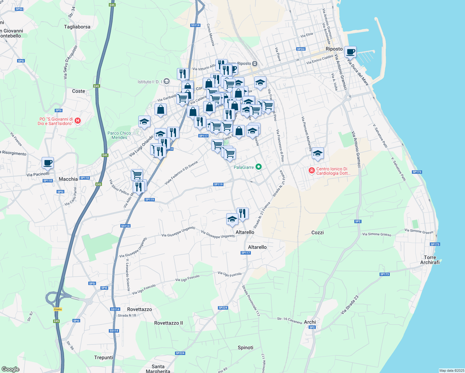 map of restaurants, bars, coffee shops, grocery stores, and more near Viale delle Provincie in Giarre