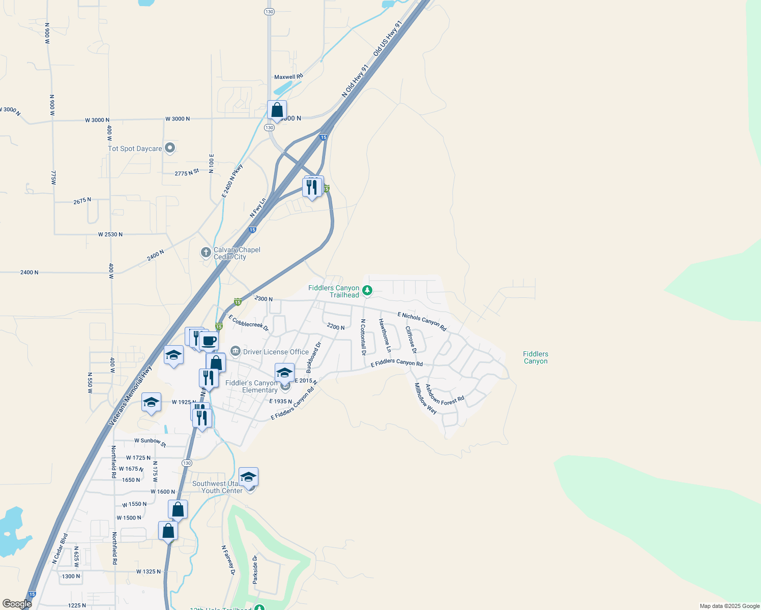 map of restaurants, bars, coffee shops, grocery stores, and more near 855 E Nichols Canyon Rd in Cedar City