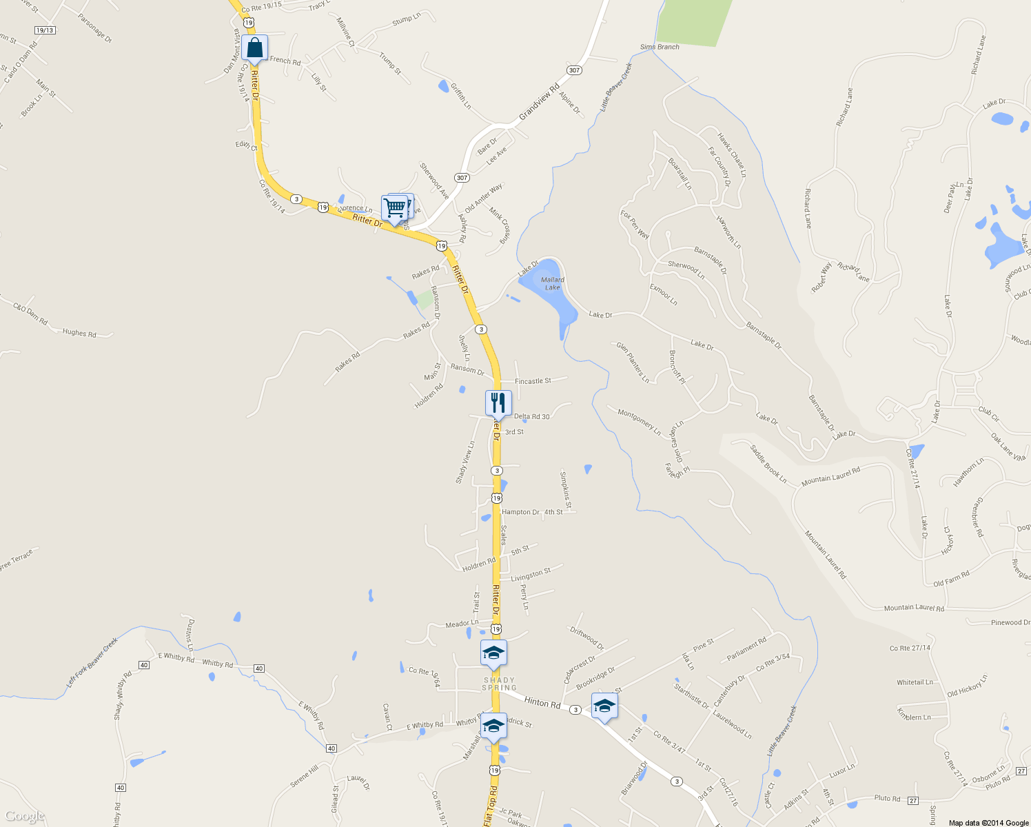 map of restaurants, bars, coffee shops, grocery stores, and more near 123 2nd St in Shady Spring