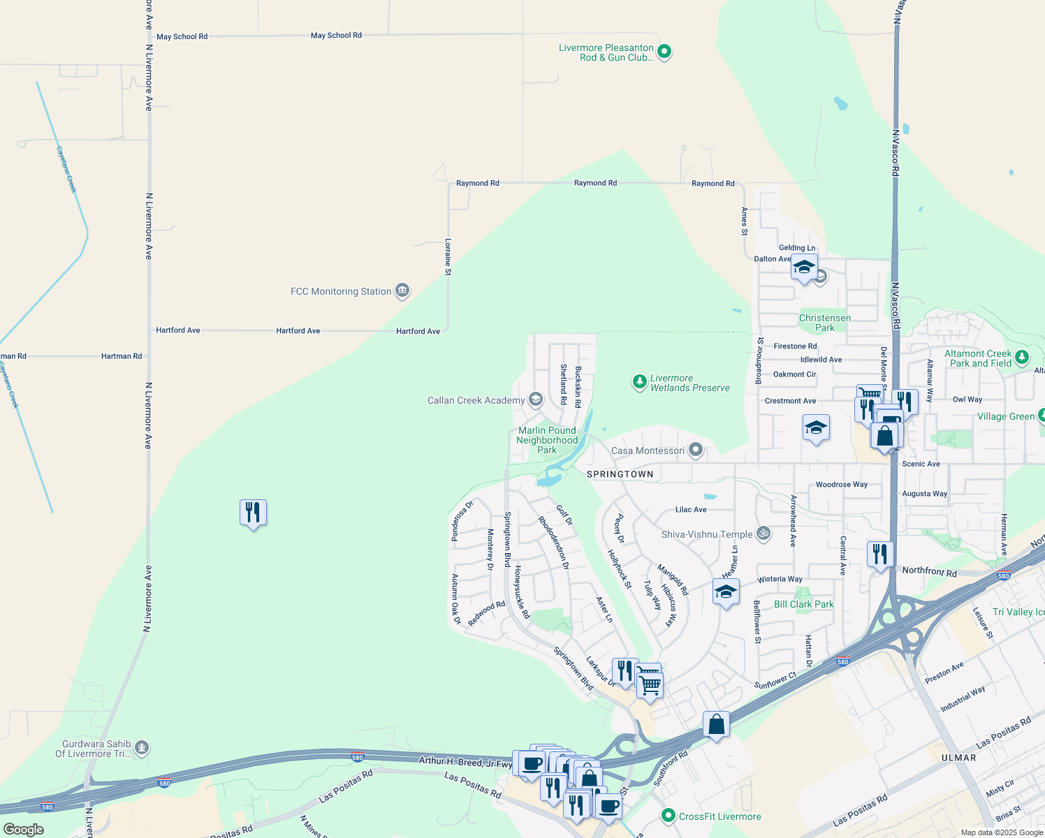 map of restaurants, bars, coffee shops, grocery stores, and more near 4172 Galloway Street in Livermore